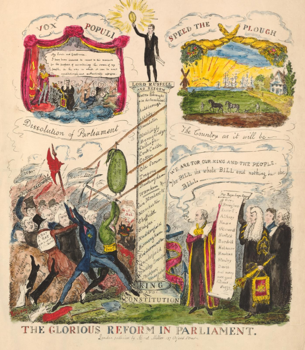 Eine farbenfrohe Papierillustration mit der Überschrift "Die glorreichen Reform im Parlament", die mutige Schrift und diverse, lächelnde Menschen zeigt, die Hoffnung und Fortschritt symbolisieren.