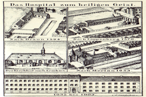Ein detailliertes Bild eines deutschen Krankenhausgeb"udes auf einem Plakat, mit sichtbaren Fenstern, T"uren und Balkonen, begleitet von Text, der seine Gr"o\ss e, seinen Standort und seine Merkmale beschreibt.