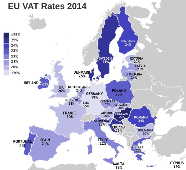 Karte von Europa, die die EU-Mehrwertsteuersätze von 2014 mit Prozentangaben und Textbeschriftungen anzeigt.
