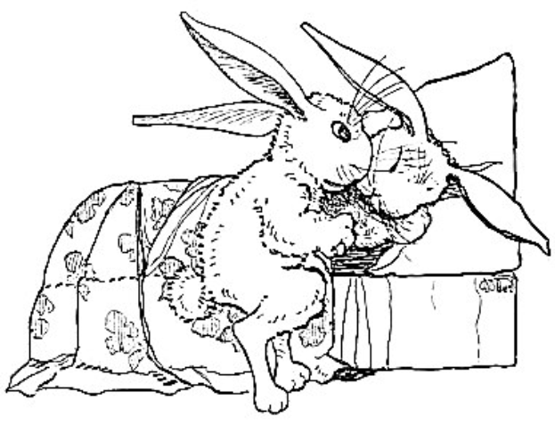 Schwarze und weiße Strichzeichnung von zwei Hasen, die auf einem Sofa sitzen und von Oster-Malvorlagen umgeben sind, die Eier und Hasen auf einem weißen Hintergrund zeigen.