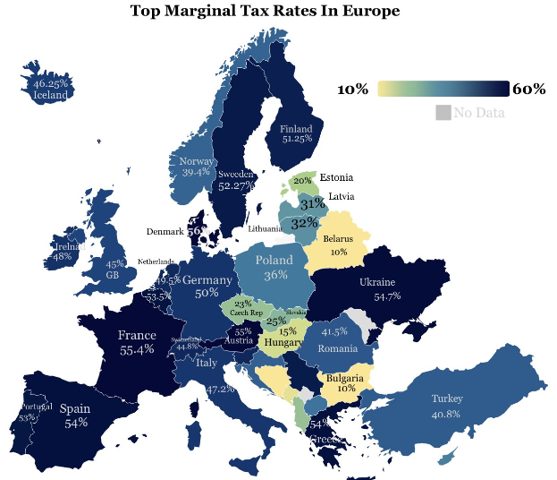 Eine Europa-Karte mit Farben, die die höchsten Grenzsteuersätze in jedem Land anzeigen, mit der Überschrift "Höchste Grenzsteuersätze in Europa".
