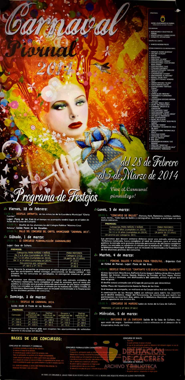 Eine Frau in einem bunten Kleid, die fröhlich in die Mitte eines leuchtend gelben Plakats schaut, umgeben von schwarzem Text in Fettschrift.