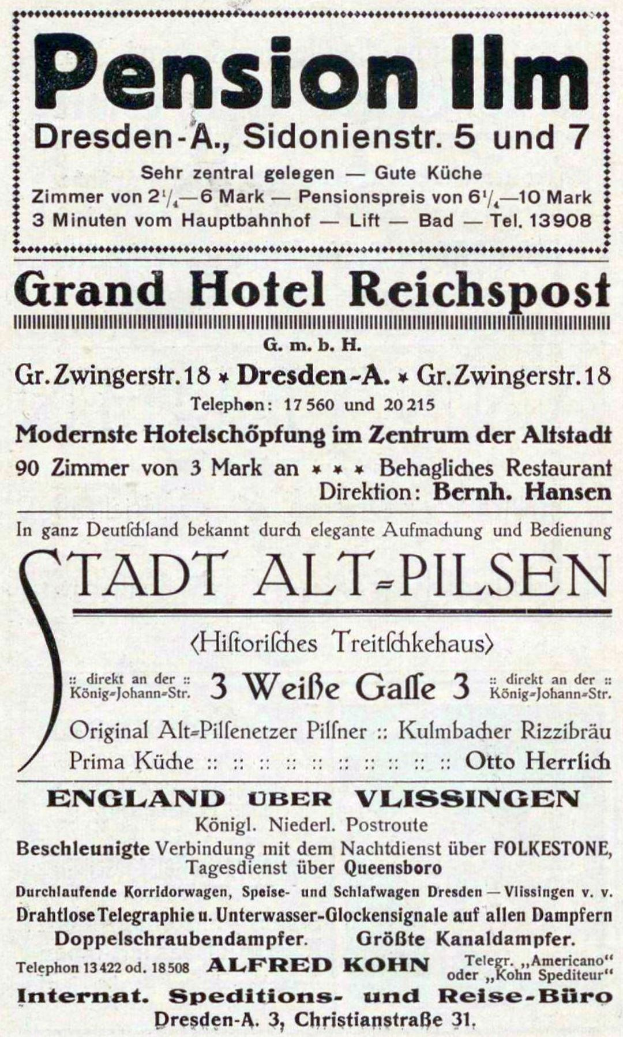Alte Zeitungsanzeige für die Pensionsinn in Dresden, Deutschland, mit schwarzem Text auf weißem Hintergrund.
