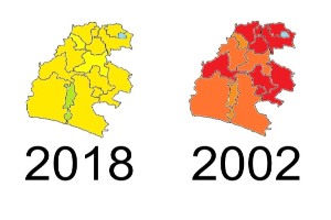 Karte von Deutschland, die die provinziellen Grenzen von 2002 in rot und 2018 in gelb hervorhebt, mit etwas Text auf einem weißen Hintergrund.