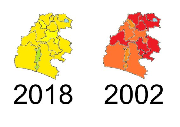 Karte von Deutschland, die die provinziellen Grenzen von 2002 in rot und 2018 in gelb hervorhebt, mit etwas Text auf einem weißen Hintergrund.