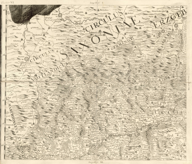 Ausführliche alte Karte von Sachsen, Deutschland, die geografische Merkmale wie Flüsse, Berge und Städte zeigt, mit begleitendem Text über die Region und ihre Einwohner.