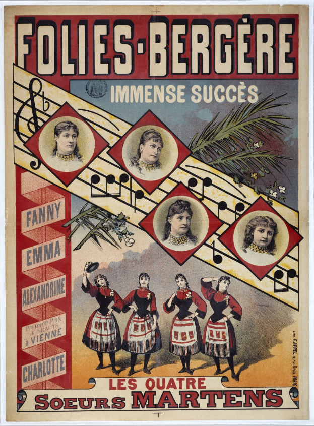 Plakat für das Folies-Bergère und Immense Succès-Konzert mit leuchtenden Farben, detaillierten Designs und Bildern von verschiedenen Menschen, sowie auffälliger Textwerbung.