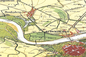 Alte detaillierte Karte von Ludwigschaften, Deutschland, mit Straßen, Gebäuden und Sehenswürdigkeiten und Text, der den Standort der Stadt angibt.