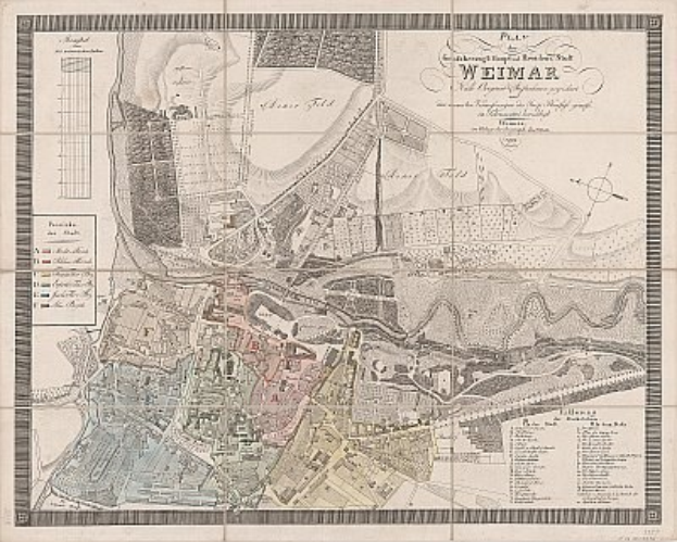 Ein detaillierter alter Stadtplan von Weimar, Deutschland, der Straßen, Gebäude und Sehenswürdigkeiten zeigt, begleitet von Texten über die Bevölkerung und bemerkenswerte Merkmale der Stadt.
