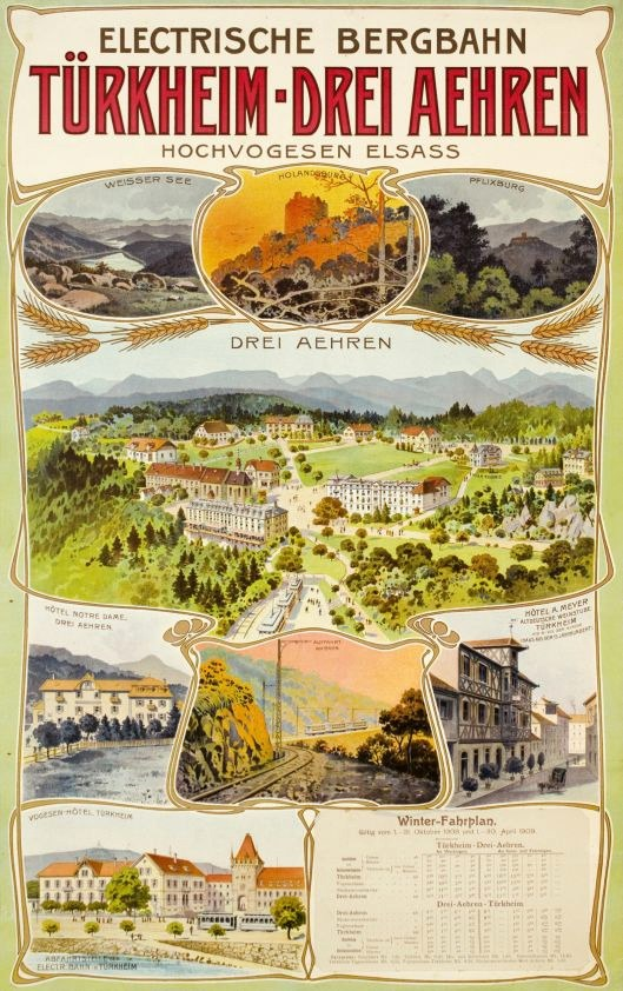 Plakat für Bergbahn, Deutschland als eine elektrifizierte Stadt, mit Bildern von Gebäuden, Bäumen, Hügeln und beschreibendem Text.
