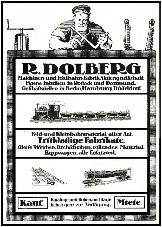 Eine Werbung für die Fabrik von R.D. Dolberg in Hamburg, Deutschland, mit einem Plakat mit Text, einer Person, einem Zug und anderen Gegenständen.