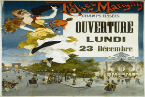 Plakatwerbung in Paris mit einer Frau in gelbem Kleid umgeben von Menschen, Fahrzeugen, Straßenelementen, Gebäuden und Wolken mit Textüberlagerung.
