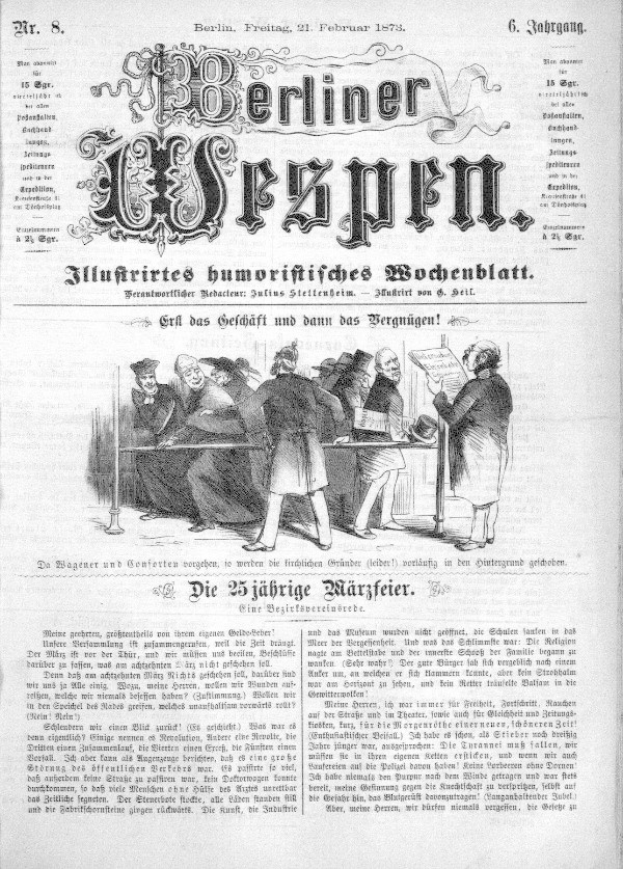 Alte deutsche Zeitung "Berliner Wespen" vom 21. Februar 1873 mit einer Gruppe von Menschen in traditioneller deutscher Tracht, die sich unterhalten, und deutscher Text, der wahrscheinlich das Ereignis beschreibt.