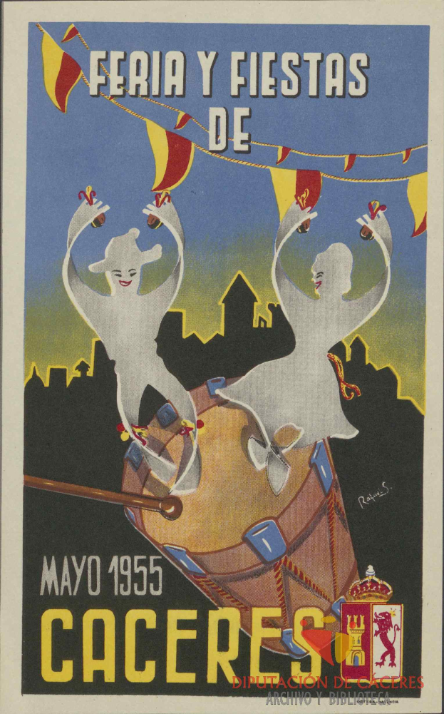 Ein buntes Plakat, das ein Faschingsfest in Cáceres, Spanien, ankündigt, zeigt Menschen in traditioneller Kleidung, einen hellgelben Hintergrund und die Schrift 'Feria y Fiestas de Cáceres' in fetter, schwarzer Schrift, sowie ein Datum, eine Uhrzeit und ein Festival-Logo.