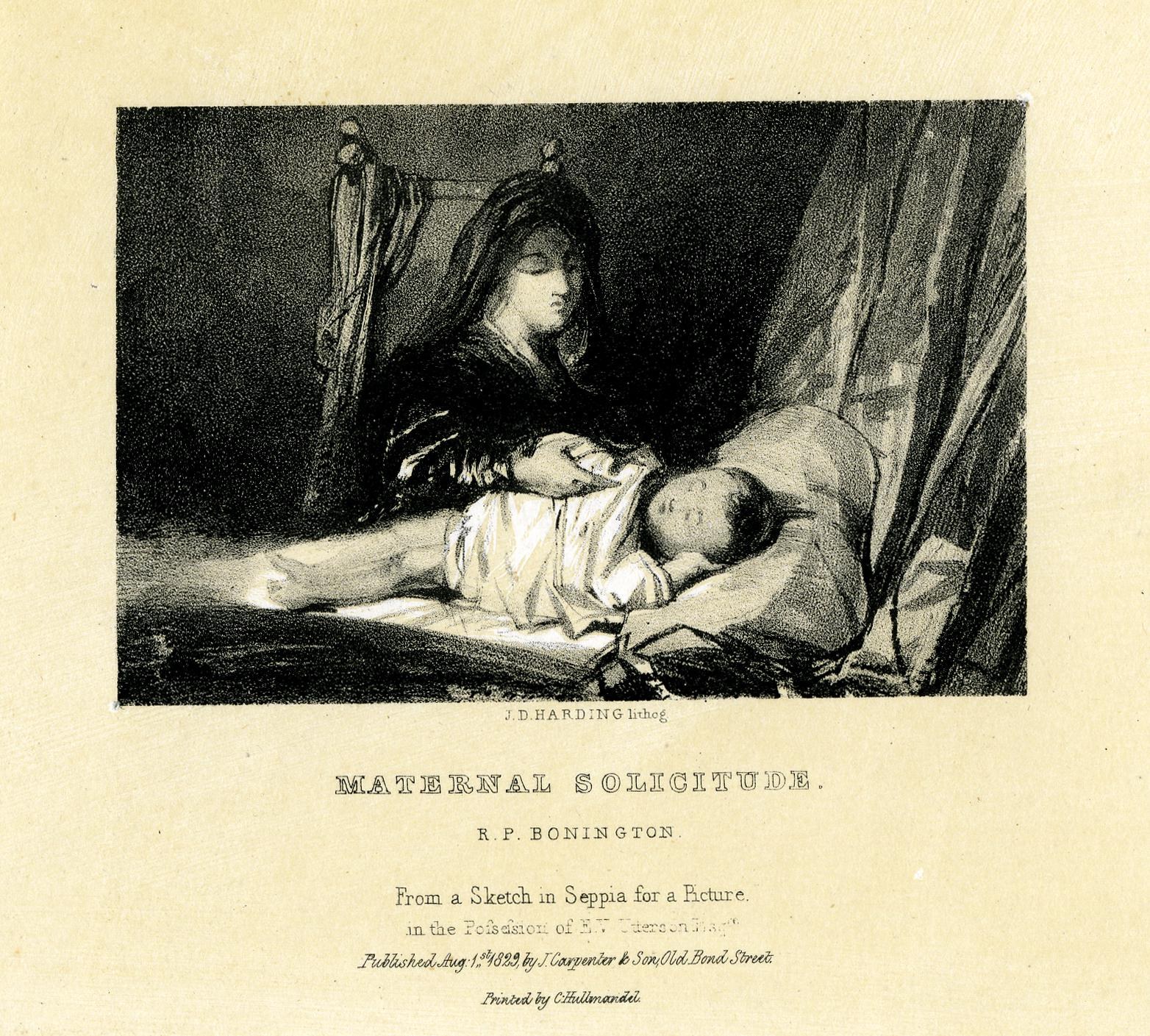 Eine Frau in einem weißen Kleid sitzt auf einem Bett und hält ein Baby nah an ihrer Brust, während beide einander friedlich anschauen; Text unten lautet "Maternal Solitude von R.P. Bonington."