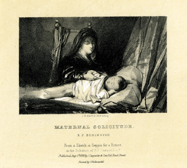 Eine Frau in einem weißen Kleid sitzt auf einem Bett und hält ein Baby nah an ihrer Brust, während beide einander friedlich anschauen; Text unten lautet "Maternal Solitude von R.P. Bonington."