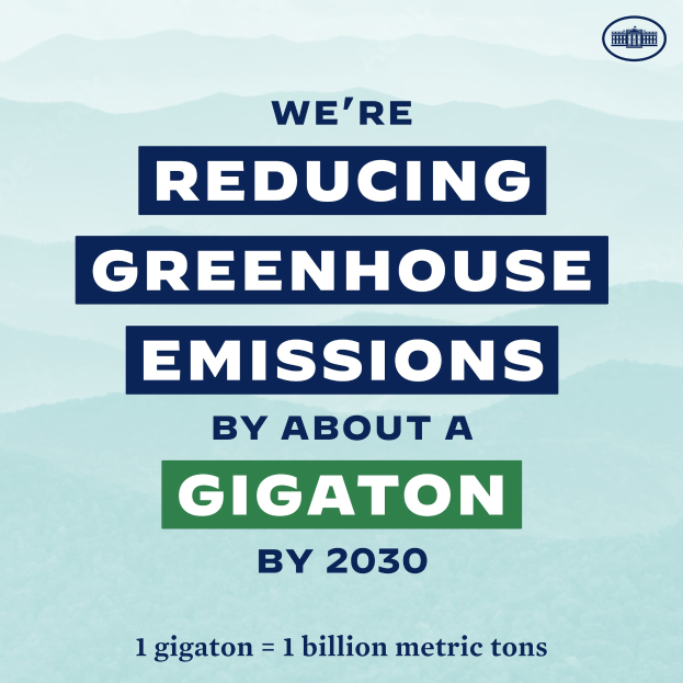 Ein Plakat mit Text und einem Logo, das "Wir reduzieren die Treibhausgasemissionen um etwa eine Gigatonne bis 2030" lautet.