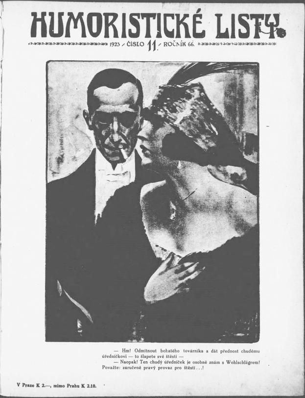 Schwarz-weißes Magazin-Cover mit der Überschrift 'Humoristische Liste', das einen Mann in einem Anzug mit ernster Miene und eine Frau zeigt, die verschmitzt in eine andere Richtung schaut.