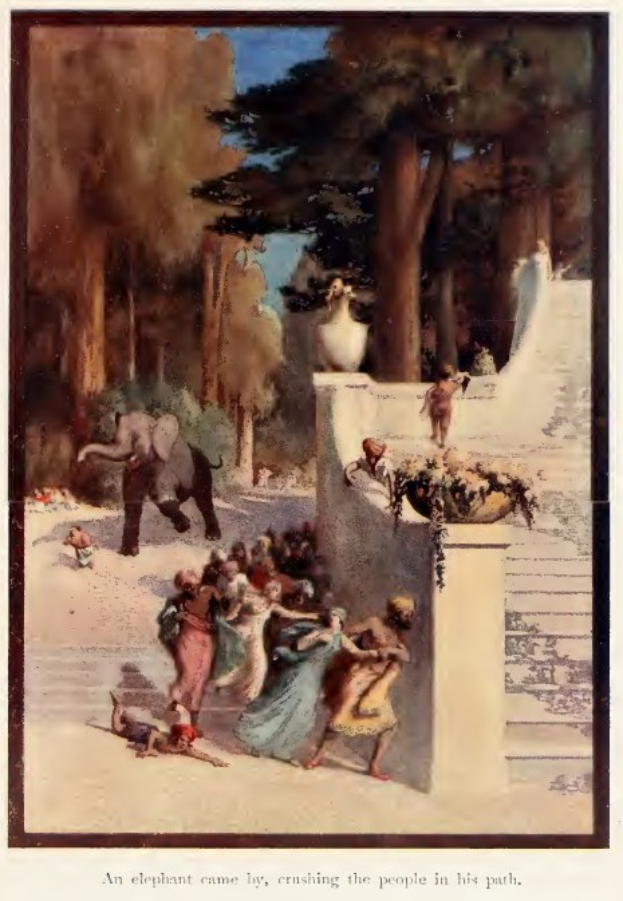 Gemälde einer Gruppe von Menschen in einem Park mit einem Elefanten im Vordergrund und Bäumen im Hintergrund, mit Text unten, der besagt: "Ein Elefant kam vorbei und zertrampelte die Menschen auf seinem Weg."