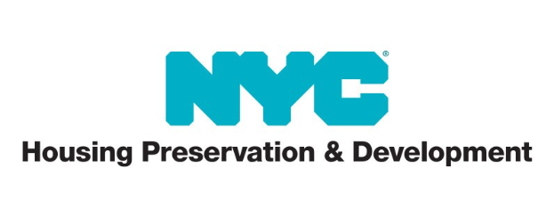 Weißer Hintergrund mit mittig gesetzter fettgedruckter schwarzer Schrift "NYC Housing Preservation & Development" in einem dünnen schwarzen Rahmen, in einer modernen professionellen Schriftart.