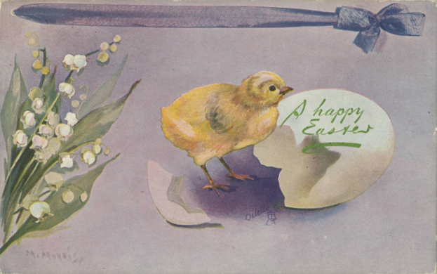 Eine Vintage-Postkarte mit einer Abbildung eines gelben Huhns, eines Eis, eines Messers und von Lilienblüten mit der Aufschrift "Frohe Ostern".