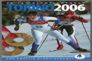Plakat der Olympischen Spiele 2006 in Turin, Italien, mit zwei Skifahrern auf dem Schnee und der Aufschrift "Torino 2006".