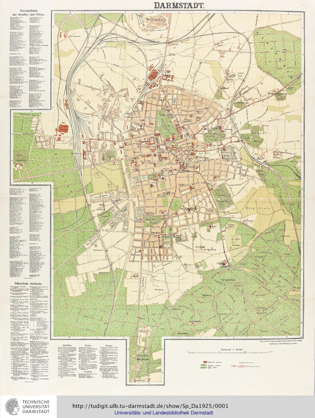 Ein detaillierter alter Stadtplan von Darmstadt, Deutschland, der Straßen, Gebäude, Sehenswürdigkeiten und Text mit Informationen zur Stadt zeigt.