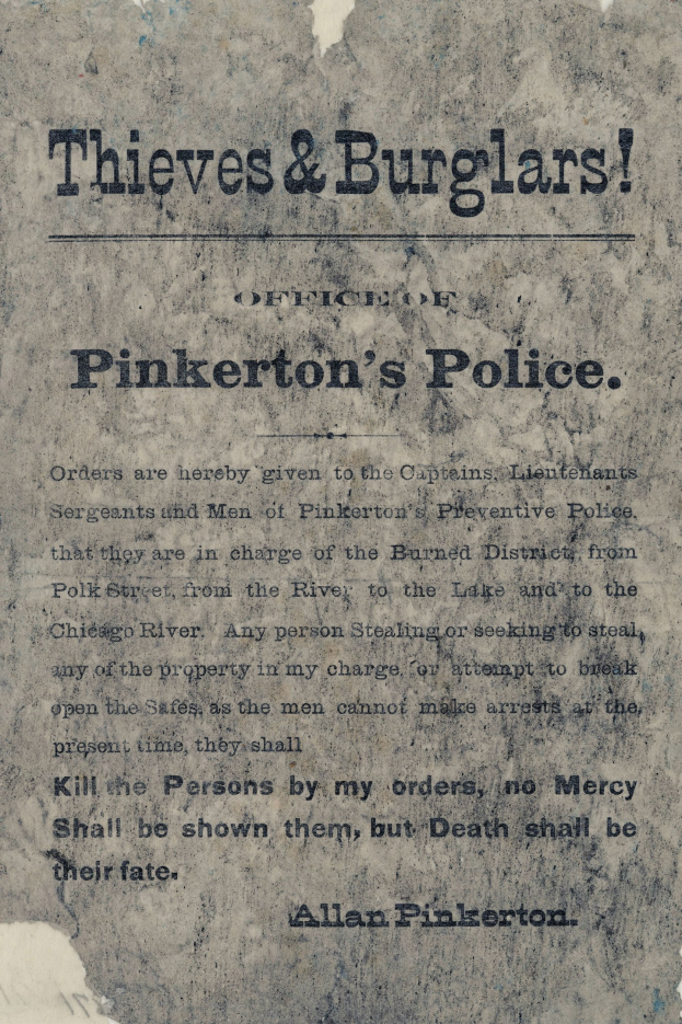 Plakat mit fetter schwarzer Schrift "Diebe & Einbrecher Pinkertons Polizei" in der Mitte auf einem weißen Hintergrund, umrandet von einem schmalen schwarzen Rand.