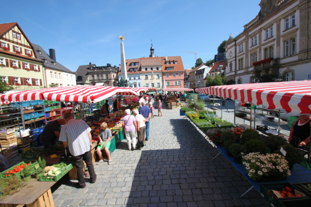 Ein belebter Markt im historischen Stadtzentrum von Heidelberg, Deutschland, mit Menschen, die um Zelte, Tische mit Körben voller Gemüse und Gebäude mit Fenstern im Hintergrund unter einem klaren blauen Himmel gehen, sitzen und stehen.
