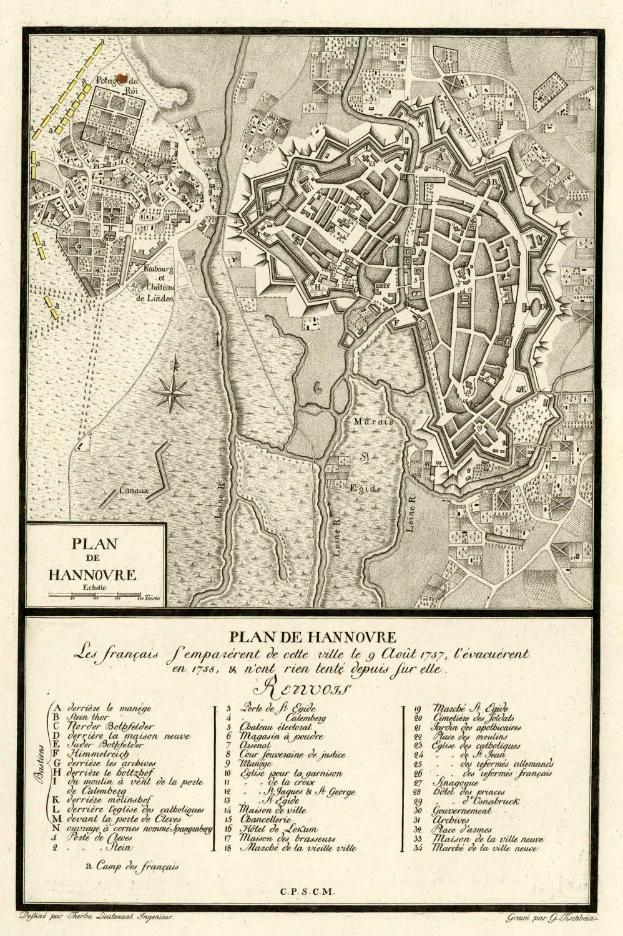 Detailiertes altes Stadtplan von Hannover, Deutschland, der Straßen, Gebäude und Sehenswürdigkeiten zeigt, mit begleitendem Text über die Stadt.