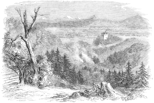 Eine Schwarzweiß-Radierung einer Gebirgslandschaft mit einem Schloss in der Ferne, umgeben von Bäumen, Hügeln und einem Himmel, mit dem Text "Das Schloss in den Bergen Deutschlands" unten.