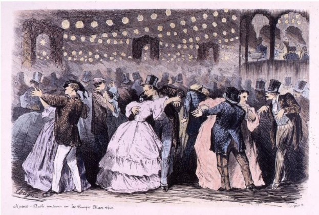 Eine Gruppe von Menschen, die in einem Ballsaal tanzen, mit beleuchteten Wänden und Text am unteren Rand, der 'Madame Baille Nacional en la Campagne Bleuet, 1860' lautet.