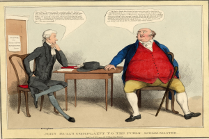 John Bull sitzt an einem Tisch mit Hut und Papieren, spricht mit einem Schulmeister, im Hintergrund eine Tür und ein Papier an der Wand.