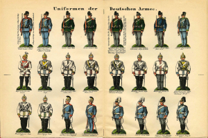 Ein Buch, das bunte deutsche Armee-Militäruniformen mit detaillierten Elementen wie Helmen, Gewehren und anderen Waffen zeigt, begleitet von beschreibendem Text.