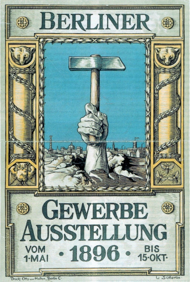 Plakat aus dem Jahr 1896 Berlin, das ein Ereignis ankündigt und eine Hand mit einem Hammer zeigt