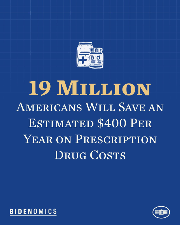 Ein blauer Hintergrund mit weißer Schrift und einem Logo, das '19 Millionen Amerikaner sparen geschätzt 400 Dollar pro Jahr an Arzneimittelkosten' lautet.