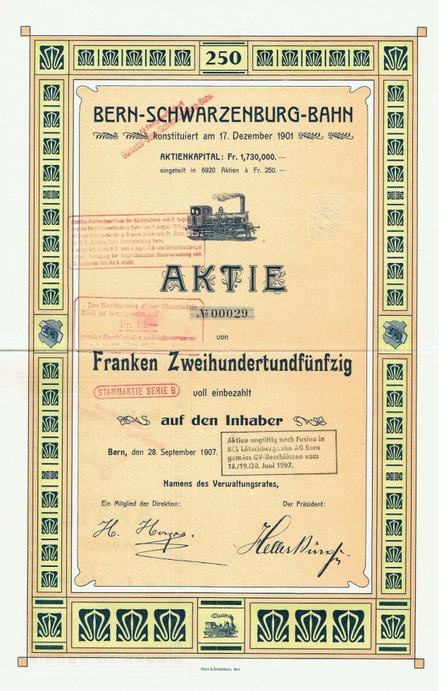 Altes deutsches Regierungspapier für Bern-Schwarzenburg-Bahn mit einer Zugillustration und gedrucktem Text.