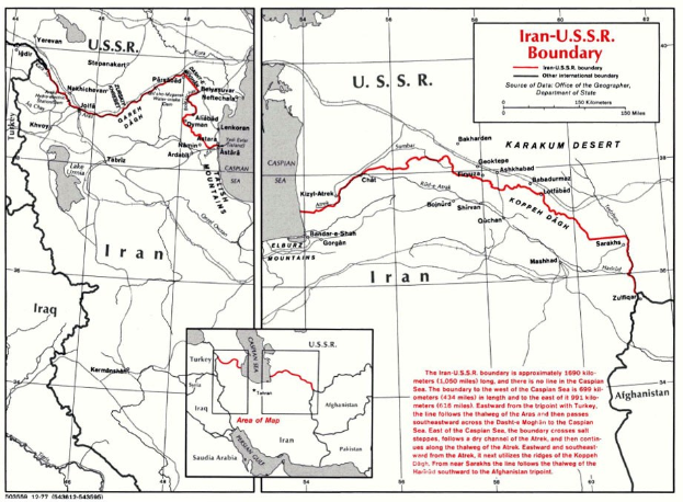 Detailierte Karte der iranisch-sowjetischen Grenze mit geografischen Merkmalen und Grenzinformationen, begleitet von erklärendem Text.
