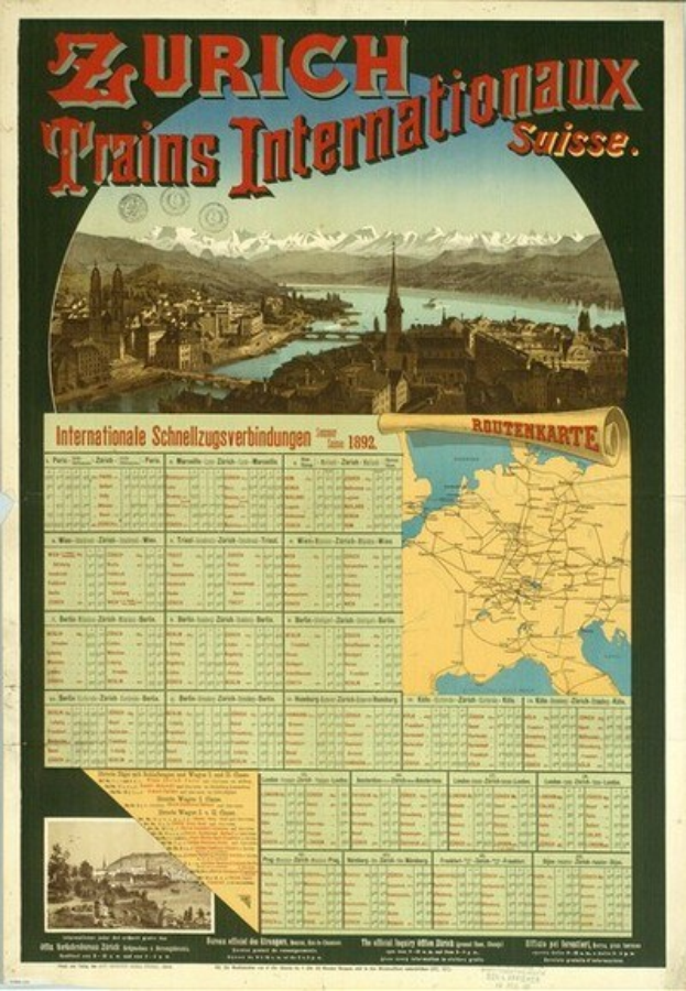 Alter Plakatwerbung für Zurich Trains Internationalaux in der Schweiz, zeigt eine Stadtkarte mit Gebäuden, Wasser und Bergen im Hintergrund und Text.