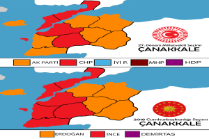 Eine Karte von Türkei mit farbcodierten Regionen, die den Prozentsatz der Bevölkerung darstellen, beschriftet mit "Canakkale Wahlresultate 2018".