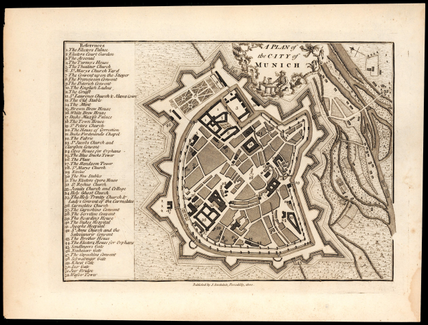 Ein alter Stadtplan von München, Deutschland, auf schwarzem Hintergrund, der Straßen, Gebäude und Sehenswürdigkeiten mit Texten zeigt.