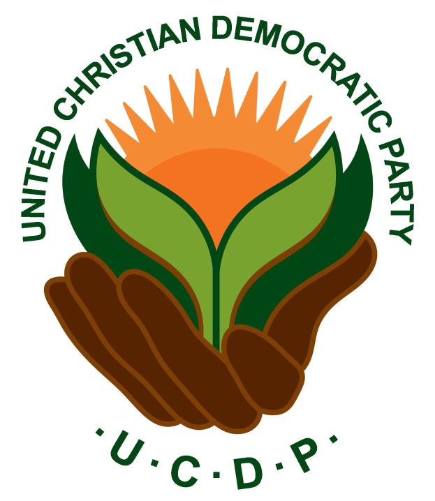 Logo der Vereinigten Christdemokraten (UCDP): eine Hand, die eine leuchtend gelbe Blume mit einem grünen Stiel und Blättern hält, mittig in einem blauen und gelben Kreis auf einem weißen Hintergrund, mit "UCDP" in fetter schwarzer Schrift darunter.