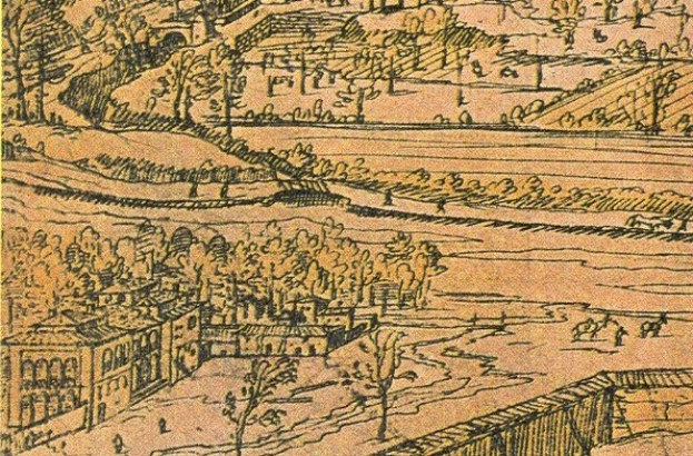 Ein detailliertes Stadtbild mit einer gewundenen Flusslandschaft, grünen Bäumen und hohen Gebäuden, das eine friedliche Atmosphäre vermittelt.