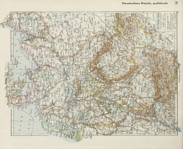 Eine Karte von Deutschland aus dem 19. Jahrhundert, die die politischen Teilungen des Landes zeigt, auf altem Papier mit Text oben und unten gedruckt.