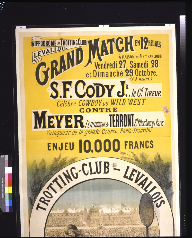 Alter Plakatwerbung für ein großes Match zwischen S.F. Cody und Meyer mit Text, der das Ereignis beschreibt.