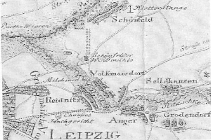 Detailierte alte Karte von Leipzig, Deutschland, die Straßen, Gebäude und Sehenswürdigkeiten mit begleitendem Text über Bevölkerung, Straßen und bemerkenswerte Orte zeigt.