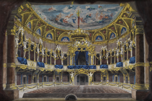 Ein Gemälde eines Theatersaals mit einer prächtigen, kunstvoll verzierten Decke, geschmückten Wänden mit Säulen, Geländern und Vorhängen und einem Teppichboden, gekrönt von einem weiteren Gemälde.
