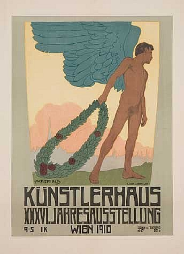 Deutsches Propagandaplakat aus dem Jahr 1910 für das Künstlerhaus Wien, das einen geflügelten Mann in einem Kranz mit ausgestreckten Armen zeigt, sowie eine große Schrift oben.
