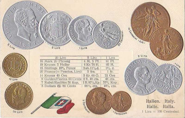 Ein Blatt Papier mit einer Reihe italienischer Münzen von 1877-1910, darunter mehrere 20-Lire-Stücke, mit Porträts und Text darauf und zwei Flaggen unten, darunter die italienische Flagge.