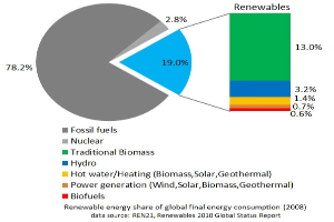 Tortendiagramm, das den globalen erneuerbaren Energieverbrauch im Jahr 2008 zeigt, aufgeschlüsselt nach Energiequelle einschließlich fossiler Brennstoffe, Kernenergie, Wasserkraft, Warmwasserheizung, Biomasse, Solarenergie, Geothermie und Biokraftstoffe.